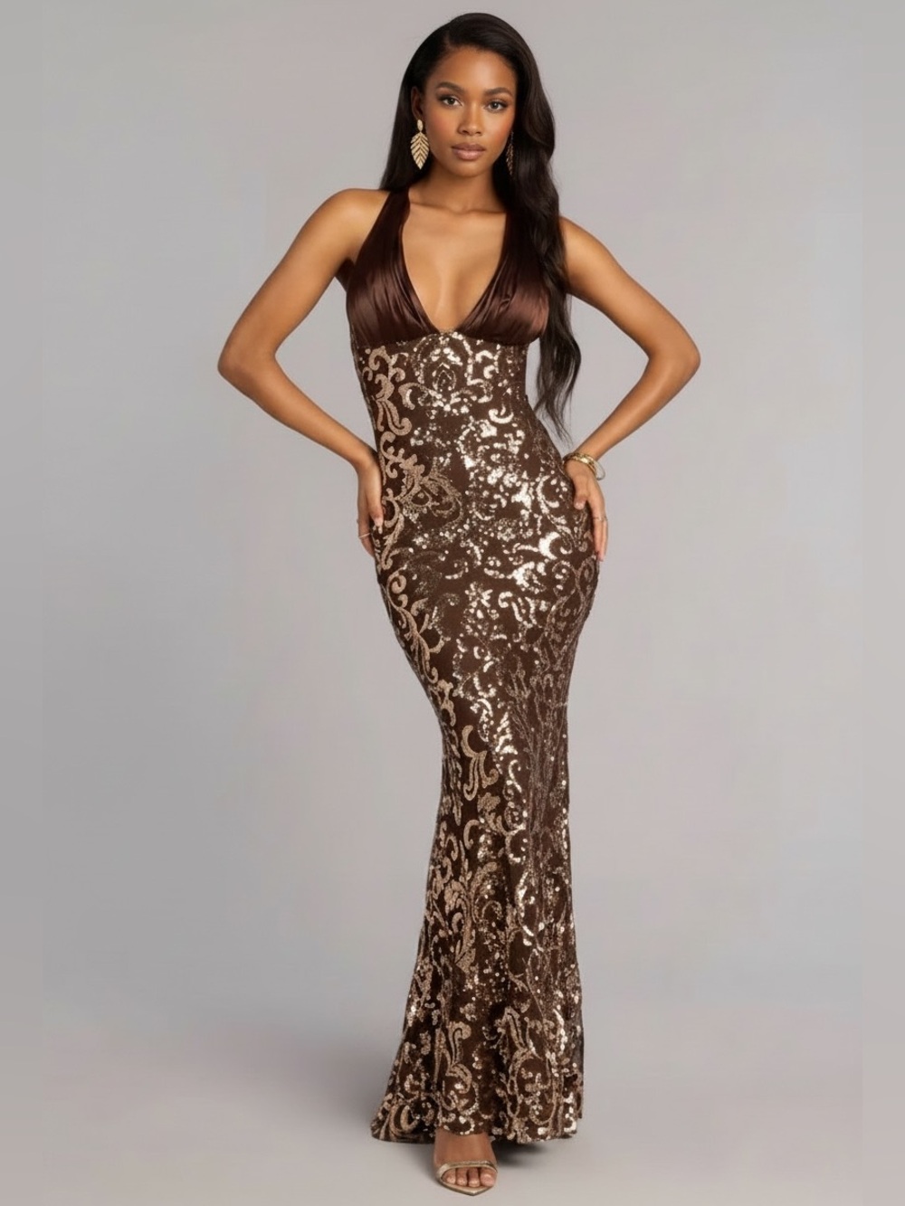 Chocolate Sequin Evening Gown with Deep V-Neck